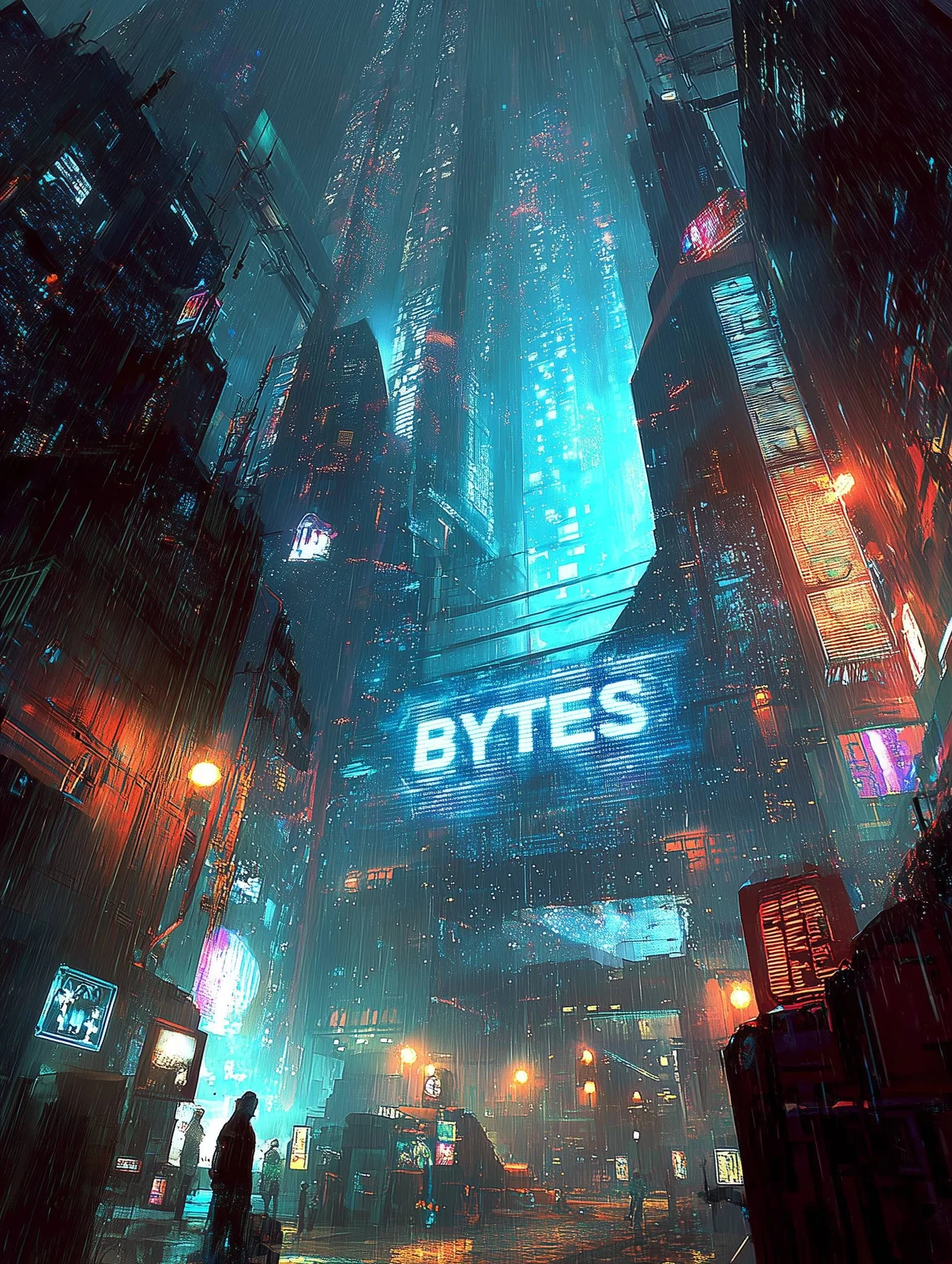 A rain-soaked cyberpunk city with an illuminated BYTES sign