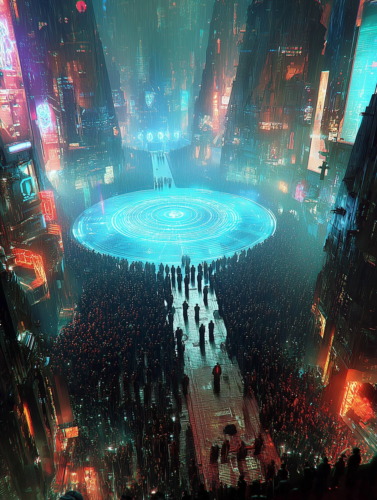 Keyholders assembled around a glowing circular Grid forum