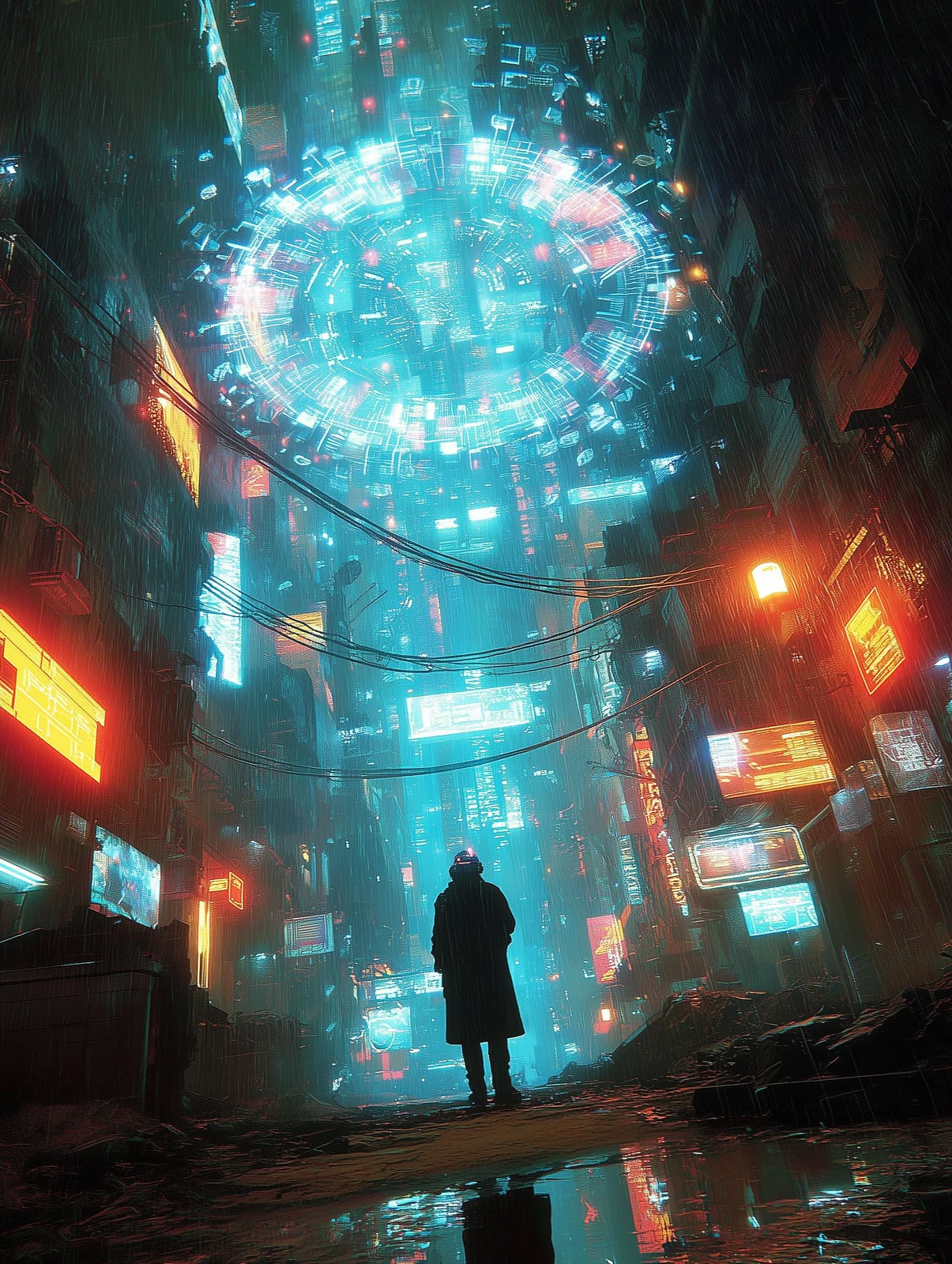 A hooded figure approaching a vast illuminated Grid portal